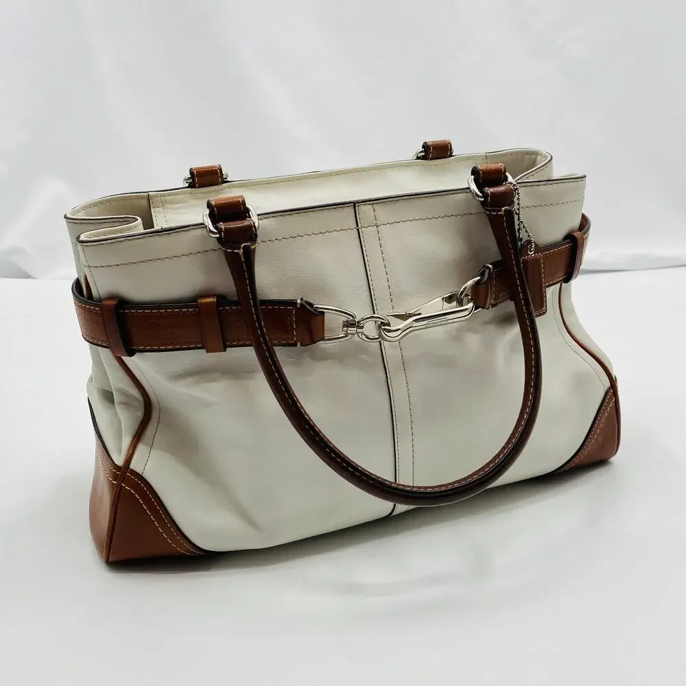 Coach white & brown leather hampton shoulder bag